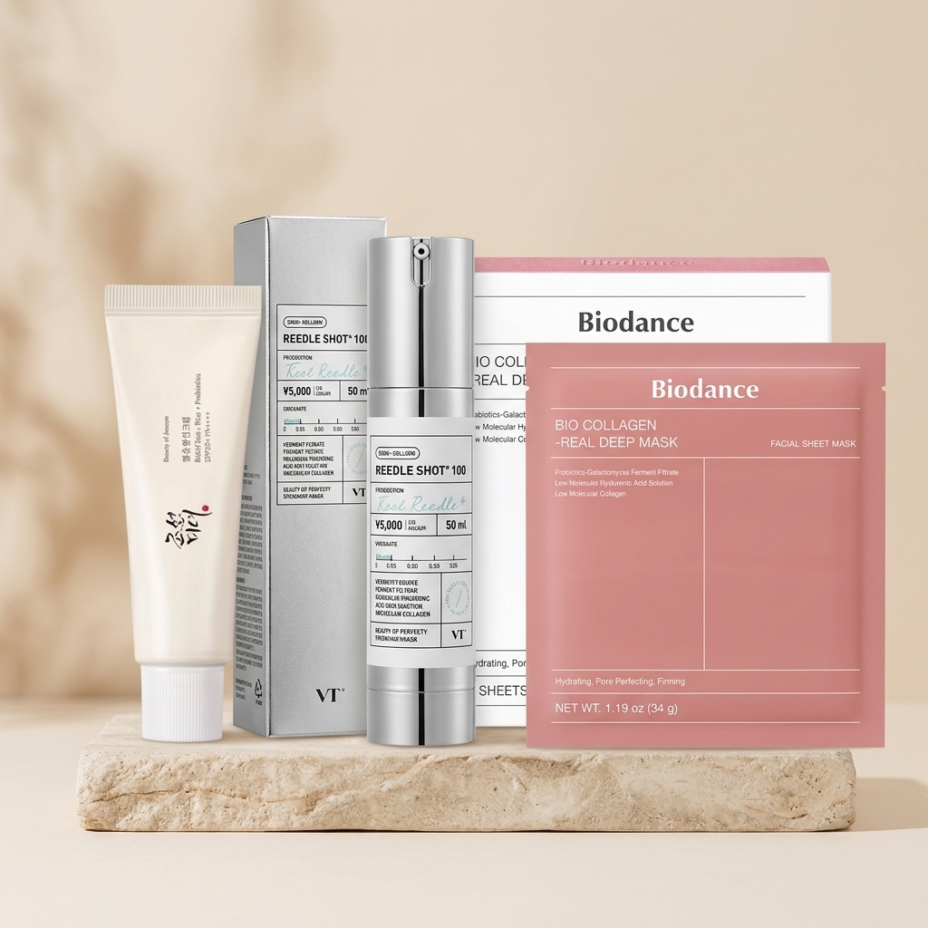 LUMU Teljes Glow Rutin csomag - VT Reedle Shot 100 szérum, Biodance Bio-Collagen maszk és Beauty of Joseon Relief Sun fényvédő